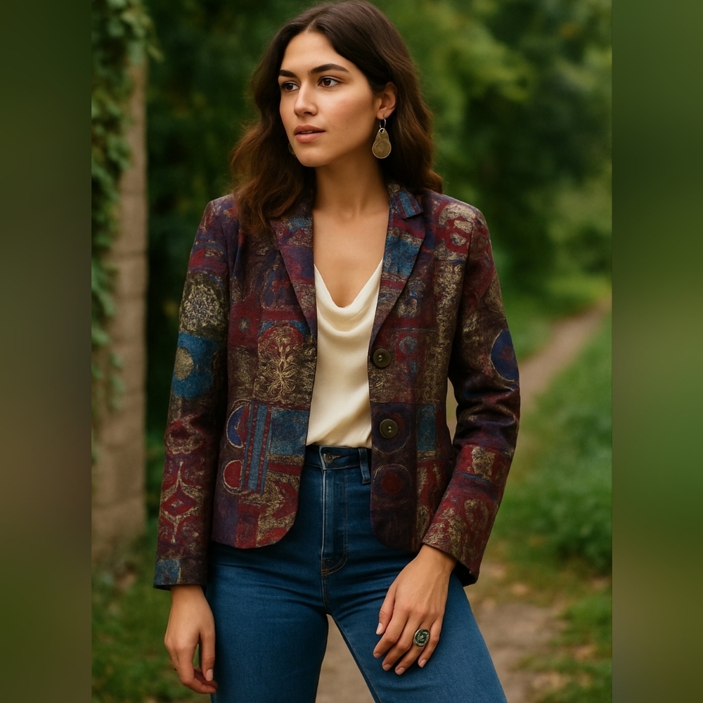 Erin London Vintage Patchwork Tapestry Blazer Jacket Boho Indie Sleaze, Eclectic
